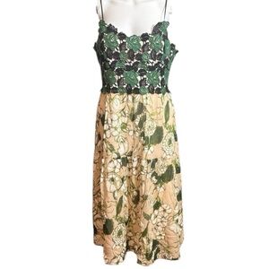 Club Monaco Floral Midi Dress Sample - Black Green and Cream Size 6 Cottage Core